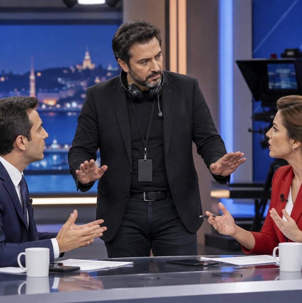 Turkish TV producer calmly mediating a discussion between two presenters in a studio