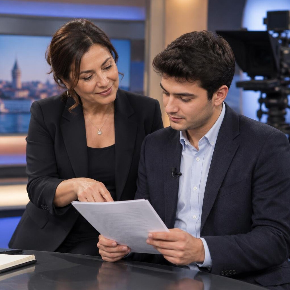 Turkish media coach mentoring a young broadcast journalist in a studio