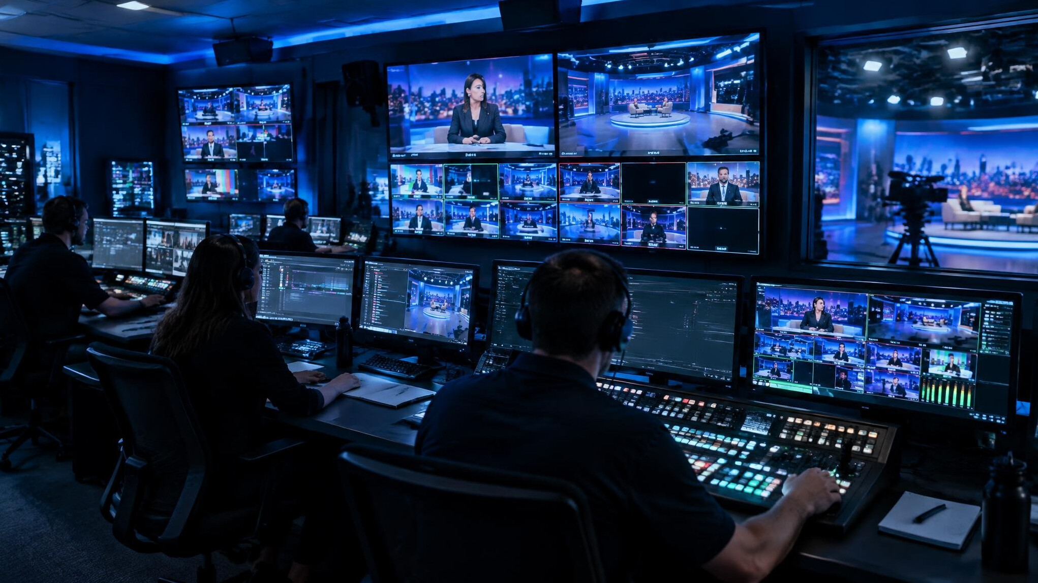Television broadcast studio control room with multiple screens during a live show