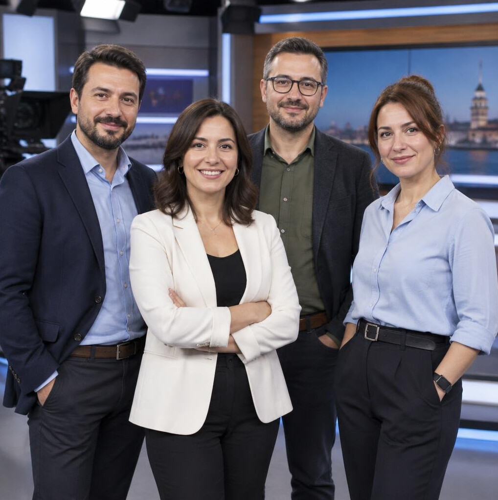 Team of four Turkish media training professionals standing together in a studio